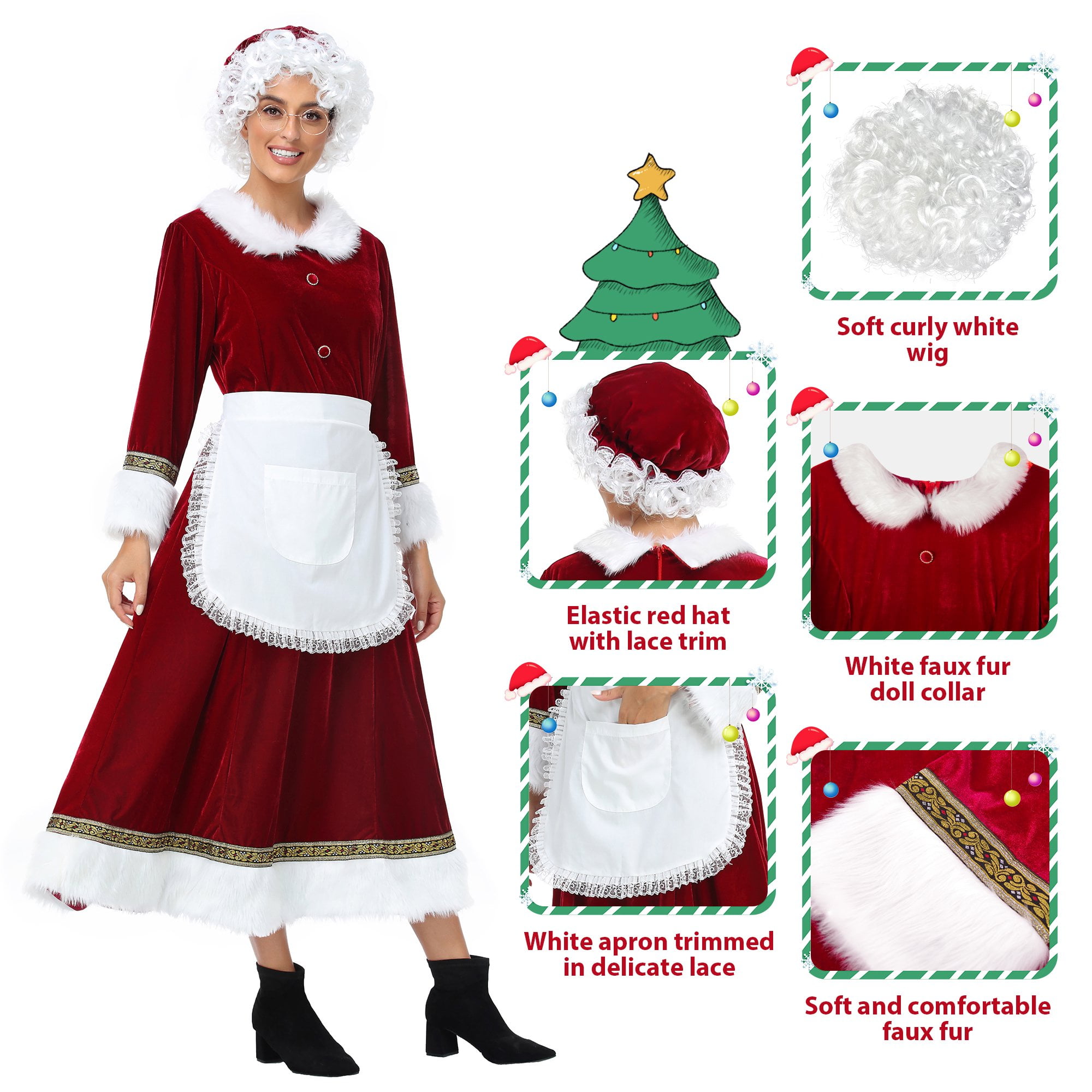 Mrs. Claus Costume for Women 5 Piece Santa Dress Outfit Adult Christmas Santa Costume Plus Size -XL - Walmart.com